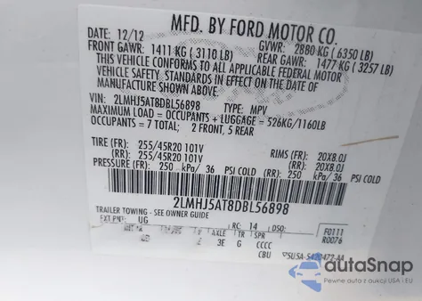 2013 Lincoln Mkt Ecoboost z USA, uszkodzony, nr VIN 2LMHJ5AT8DBL56898